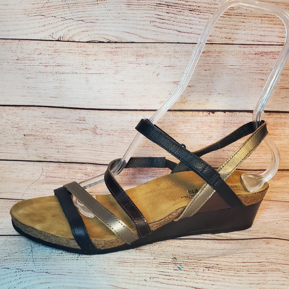 Naot Womens EU 42 US 11 Hero Black/Walnut Leather Wedge Strappy Sandals